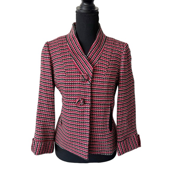 Etcetera Wool BIend Red Black Woven Diamond Tweed Blazer - Picture 1 of 10